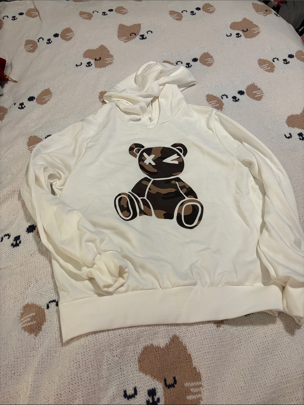 SHEIN Cream Hoodie with Camouflage Teddy Graphic